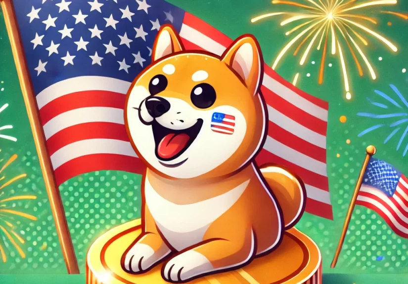 DALL·E 2024-11-20 20.28.36 - Uma moeda de Dogecoin animada e feliz com o famoso cachorro Shiba Inu, em um cenário patriótico dos Estados Unidos. A cena inclui a bandeira americana