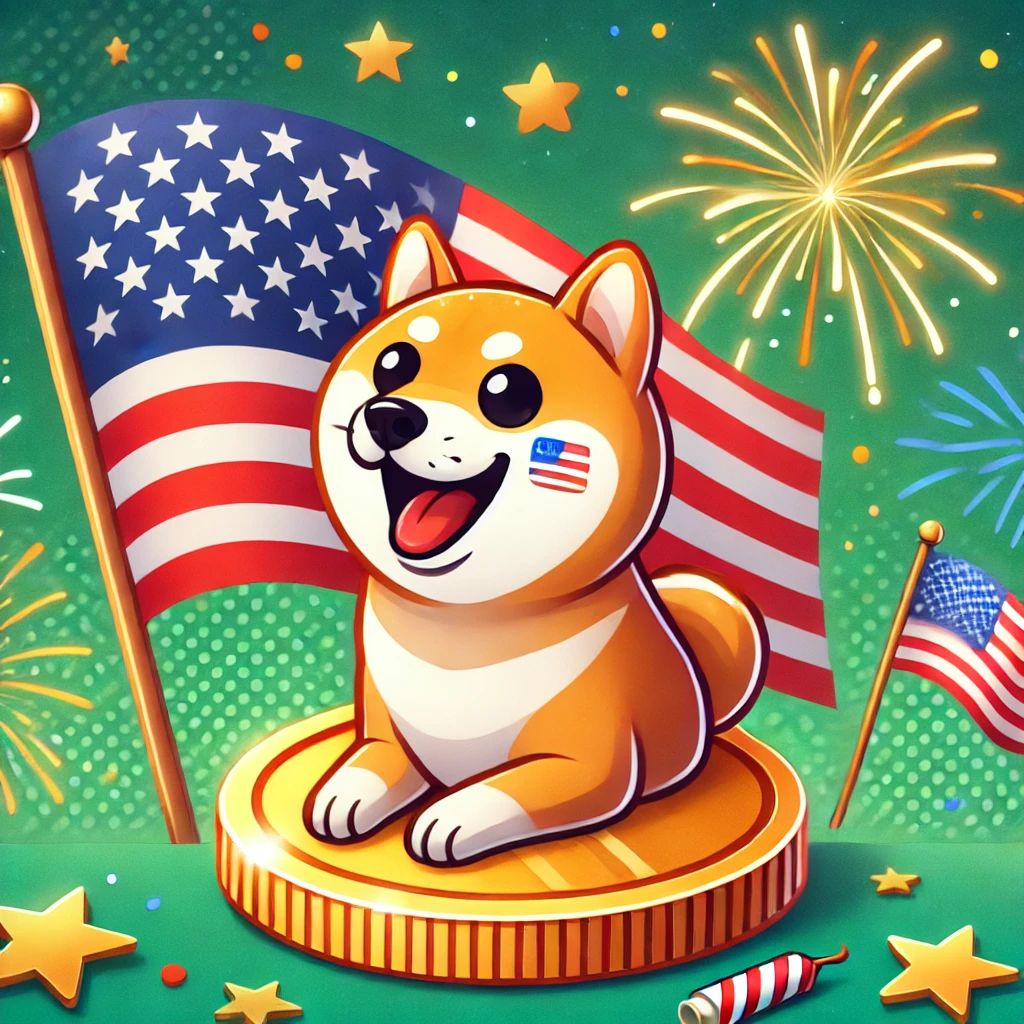 DALL·E 2024-11-20 20.28.36 - Uma moeda de Dogecoin animada e feliz com o famoso cachorro Shiba Inu, em um cenário patriótico dos Estados Unidos. A cena inclui a bandeira americana